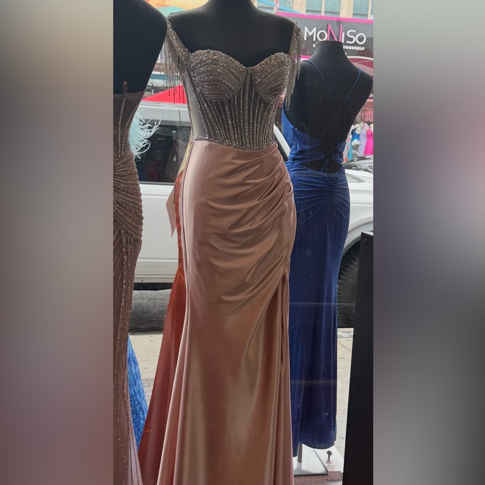 Elegant Beaded Gown with Satin Skirt